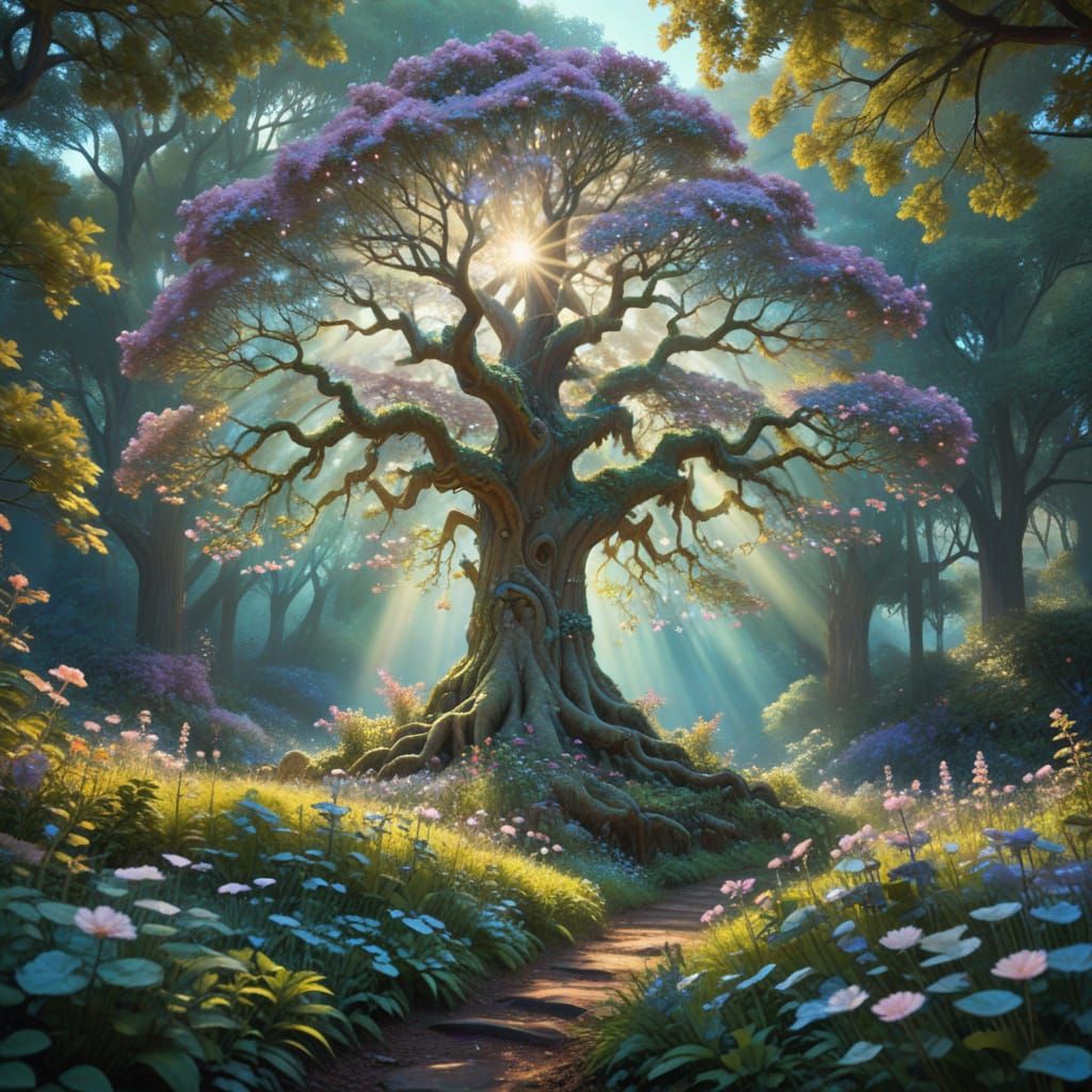 Majestic Magical Tree in Vibrant Fantasy Garden