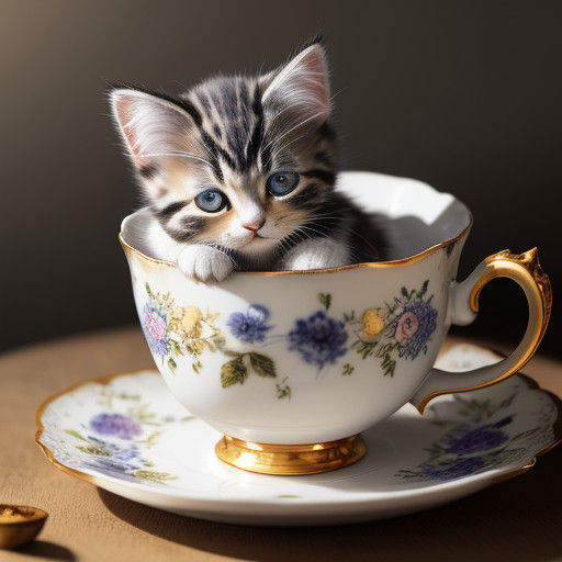 Delicate Kitten in Antique Tea Cup with Intricate Floral Pat...