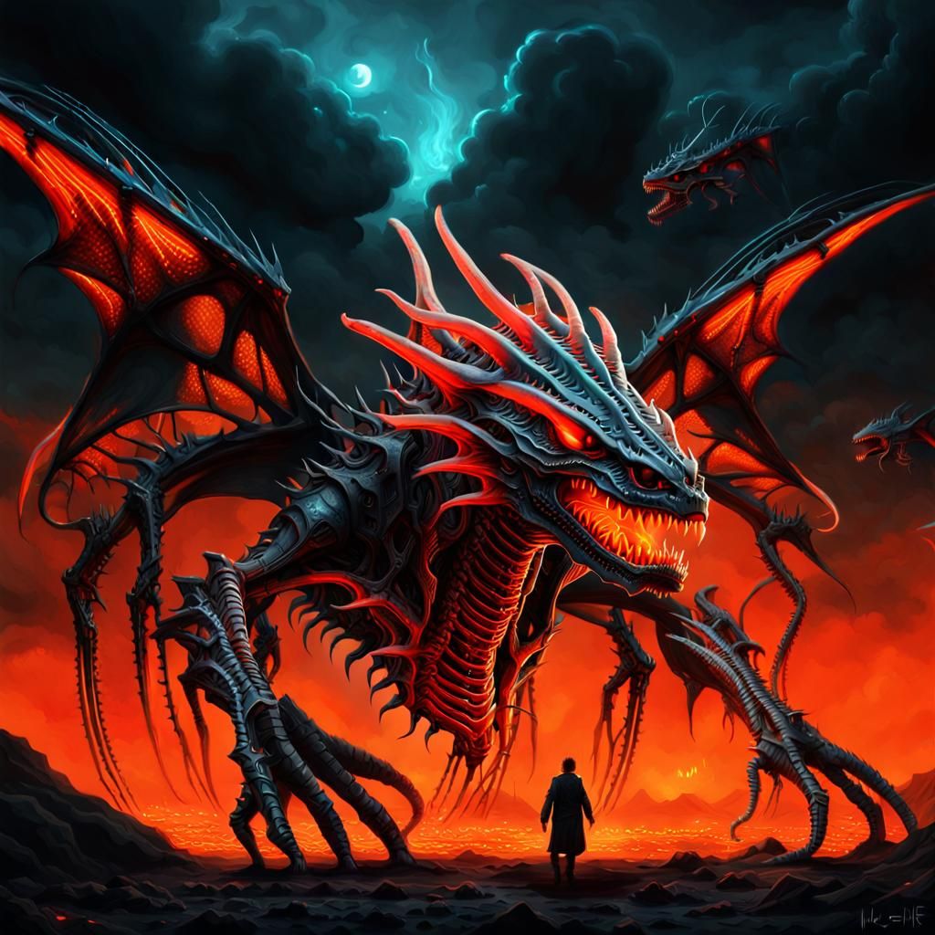 Biomechanical Dragons in Surreal Dystopian Landscape