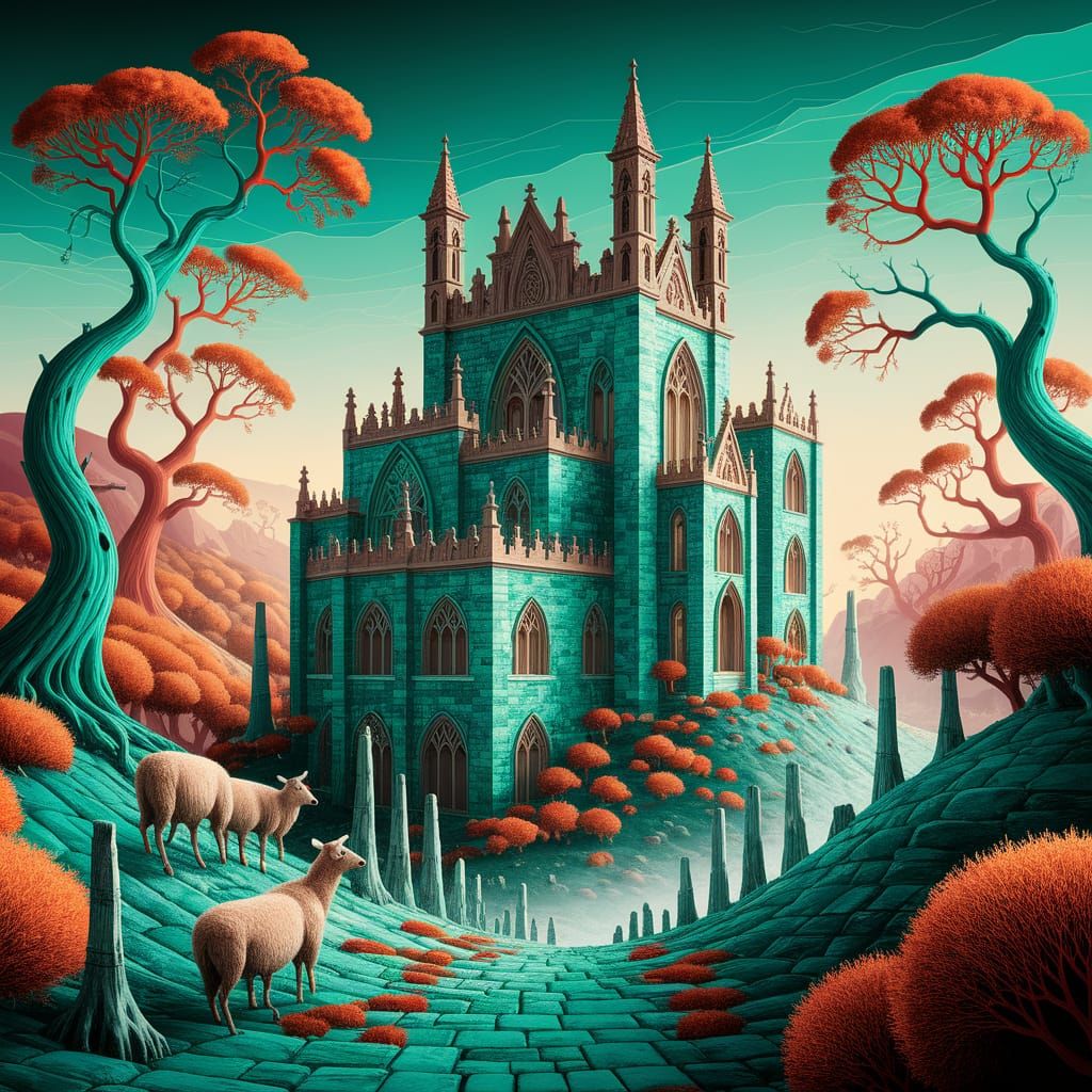 Surreal Turquoise Medieval Town Inspired by Giger