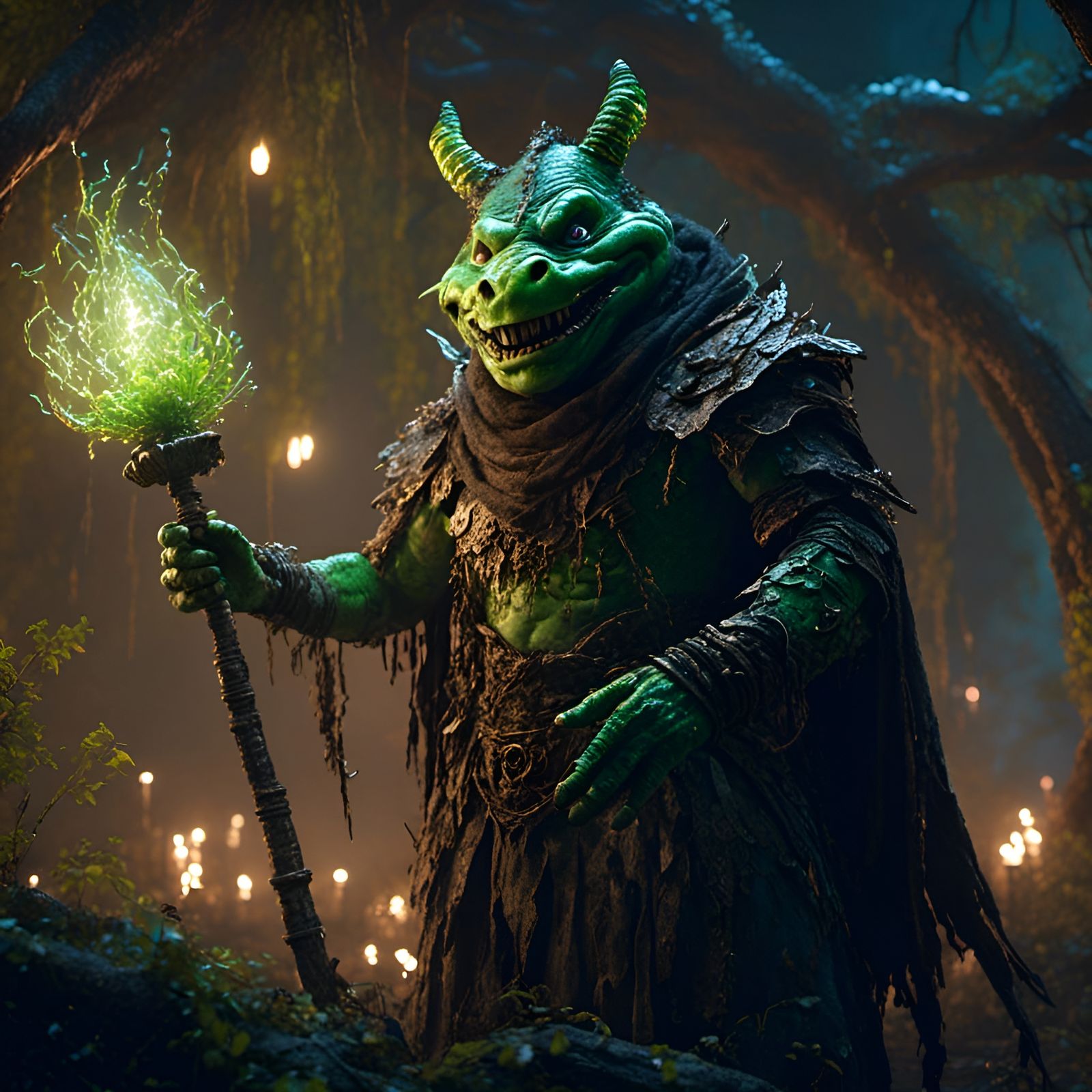 Hooded Swamp Warrior with Magical Staff