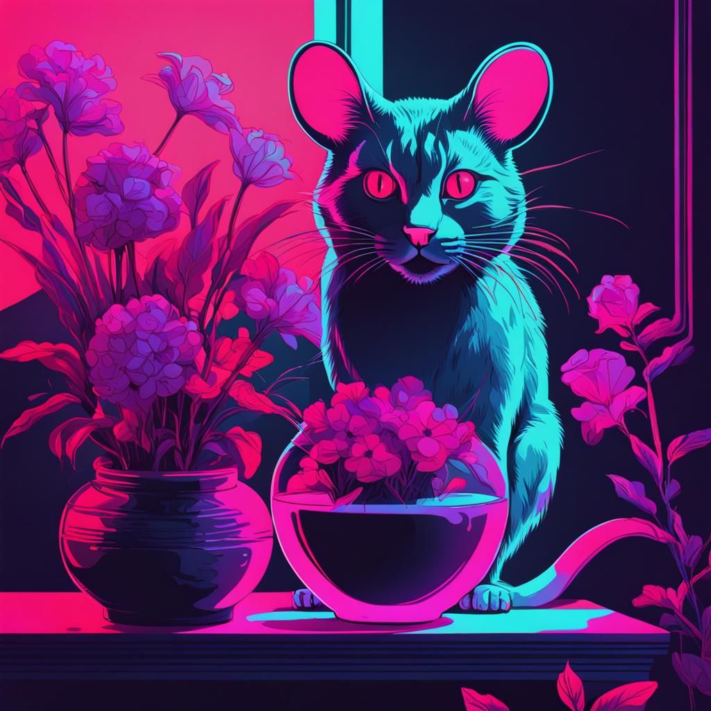 Mouse Hiding From Cat in Synthwave Style