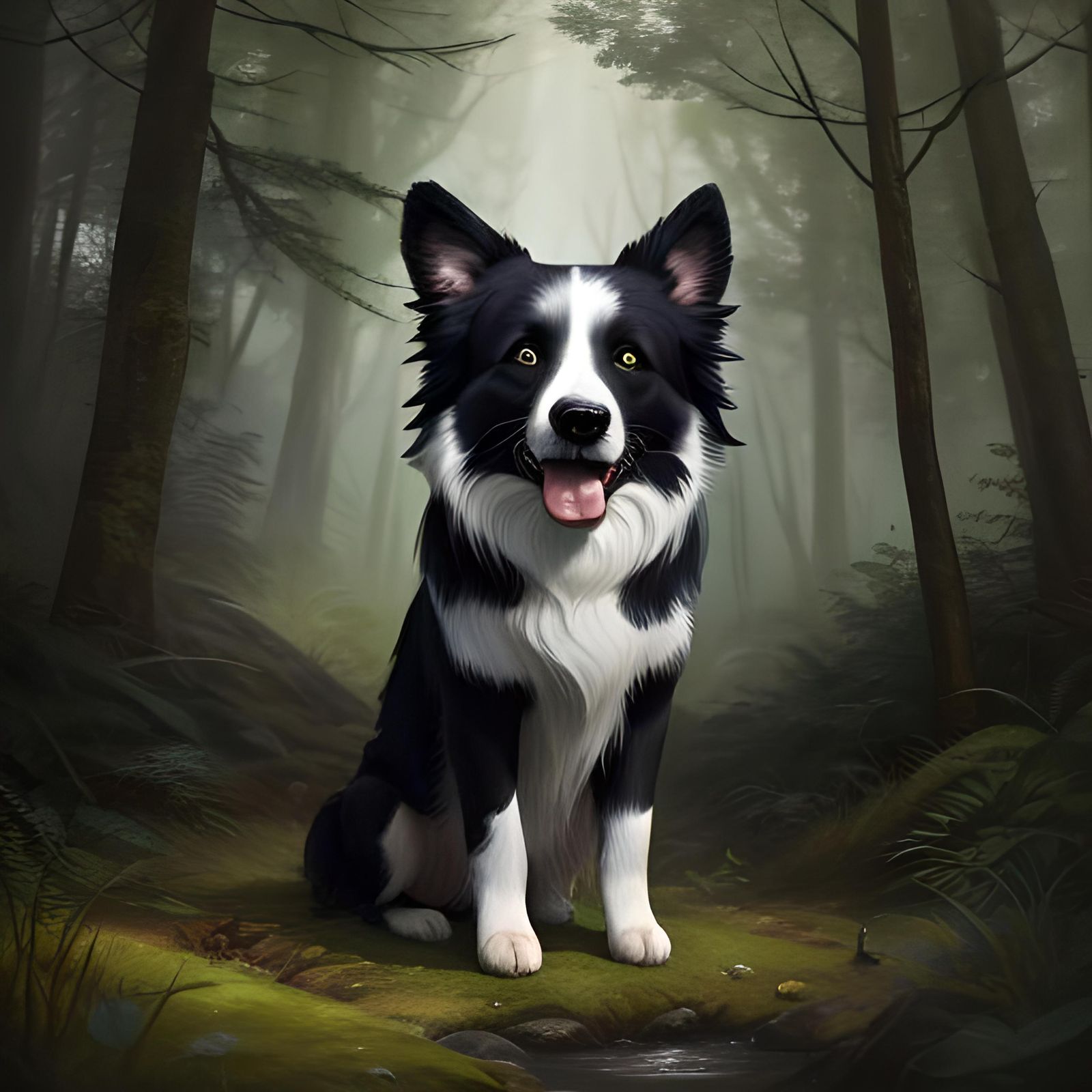 Girl and Border Collie in Forest: Hyperrealistic Splash Art