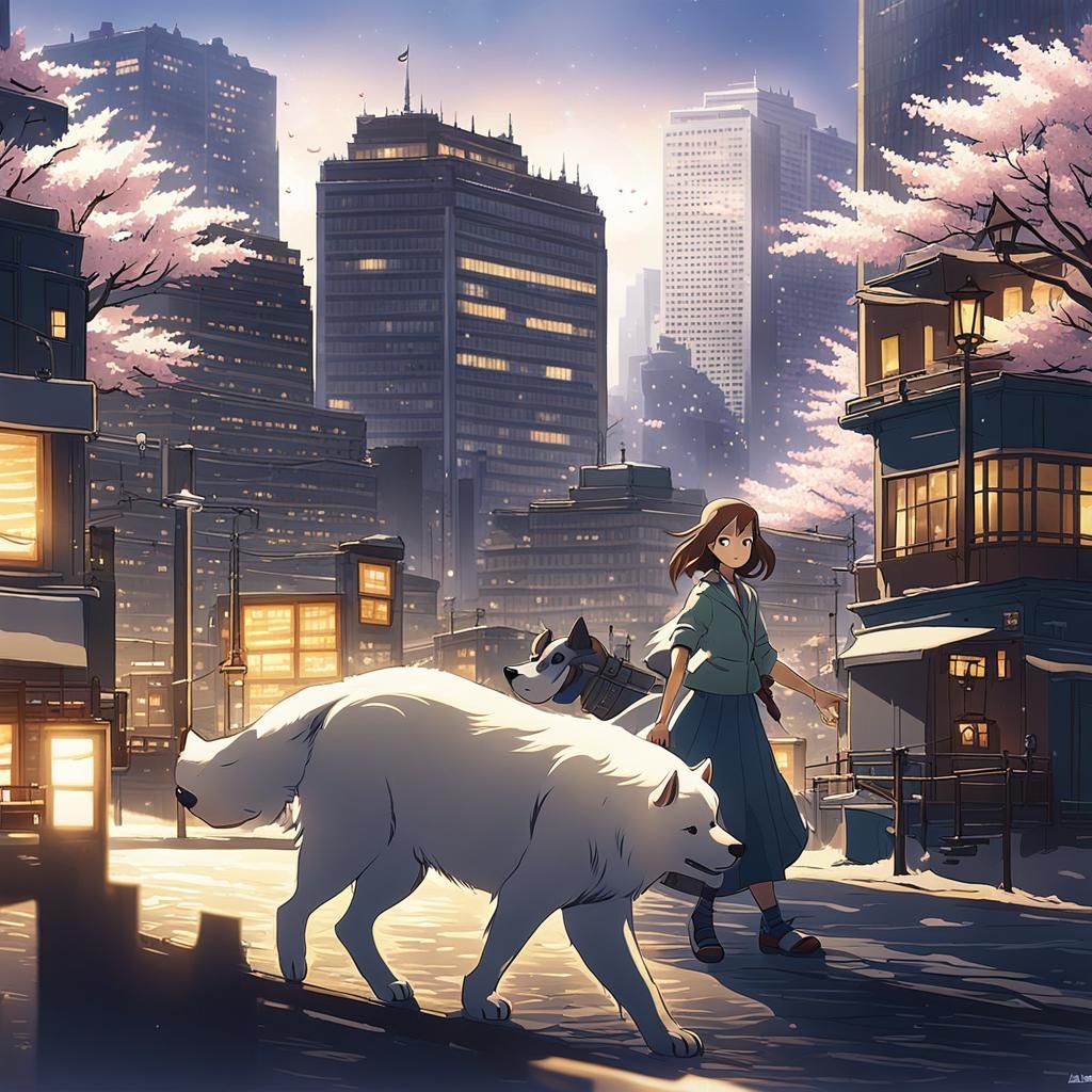Girl Rides Dog Through City in Anime Style