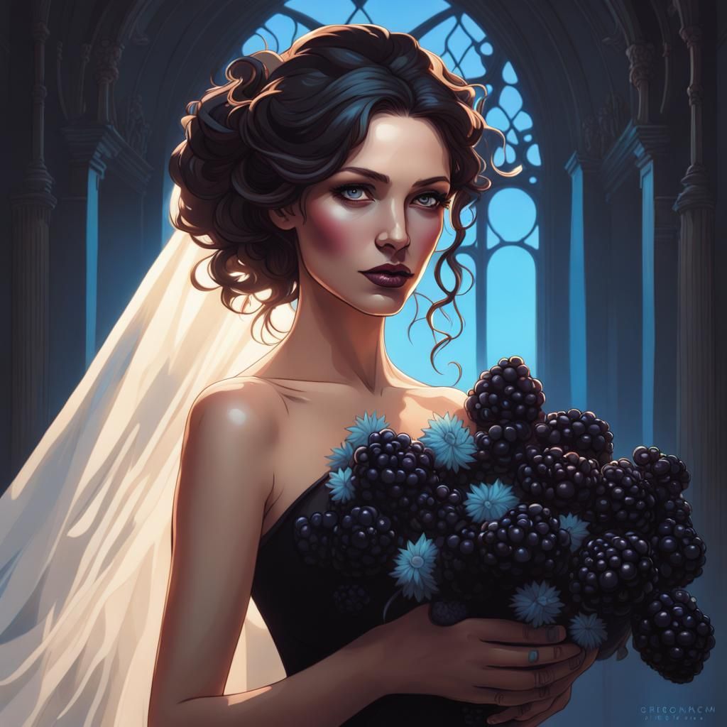 Bride in Black Dress Portrait with Black Flowers