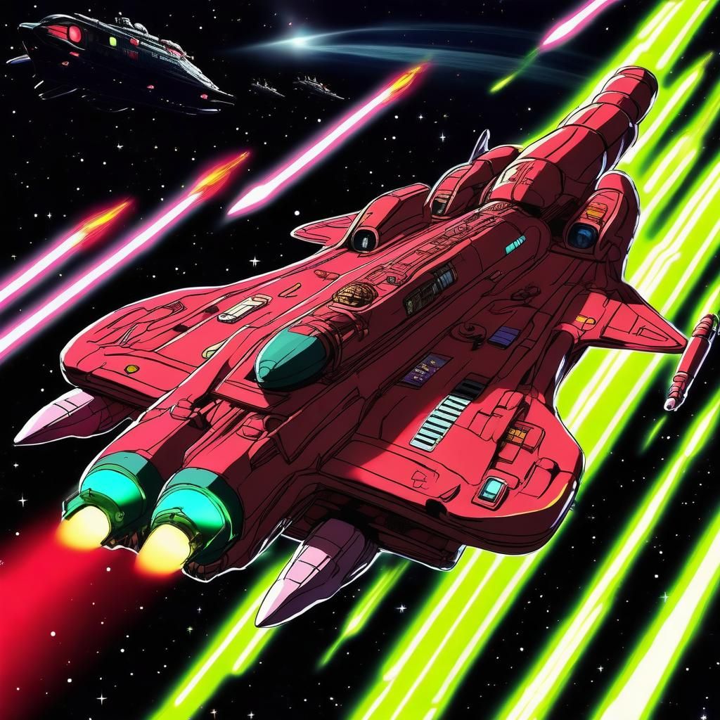 Neon space Retro anime battle spaceship Yamato the legend lives