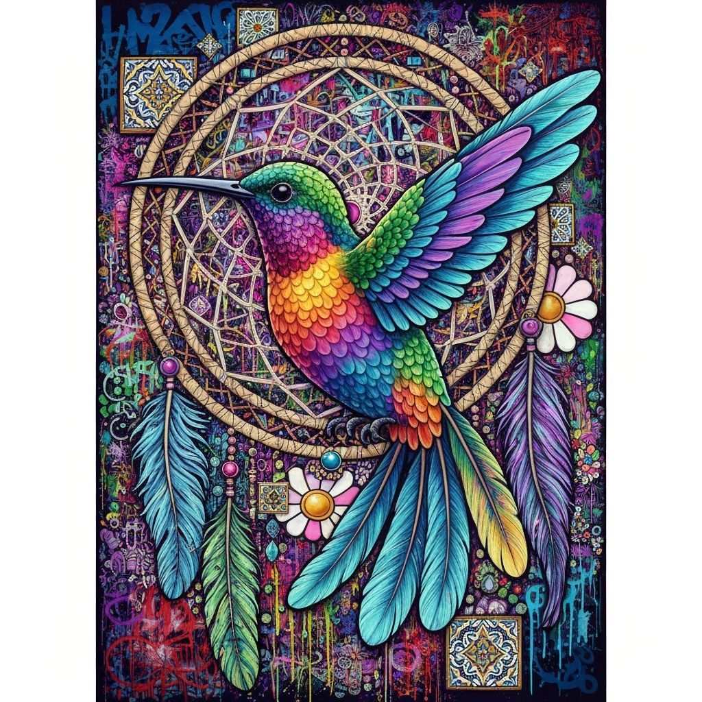 Hummingbird Dreamcatcher with Graffiti, Majolica, Maximalist...