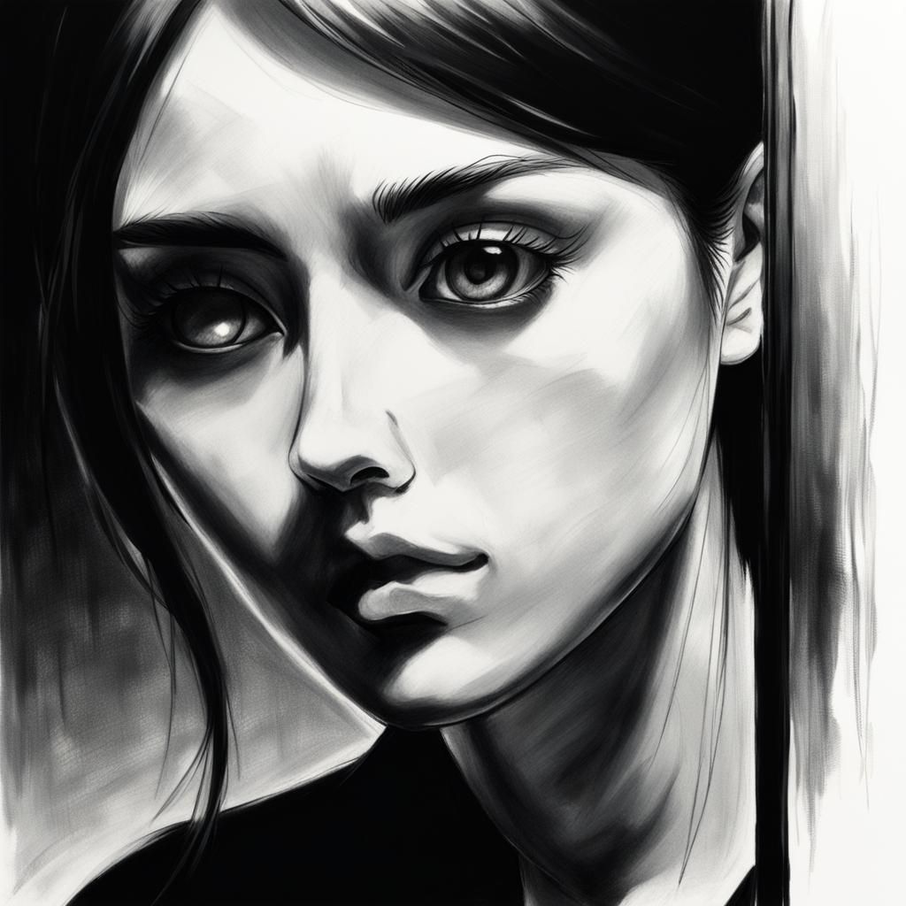 Anime Girl in Mirror: Charcoal Drawing with Film Noir Influe...