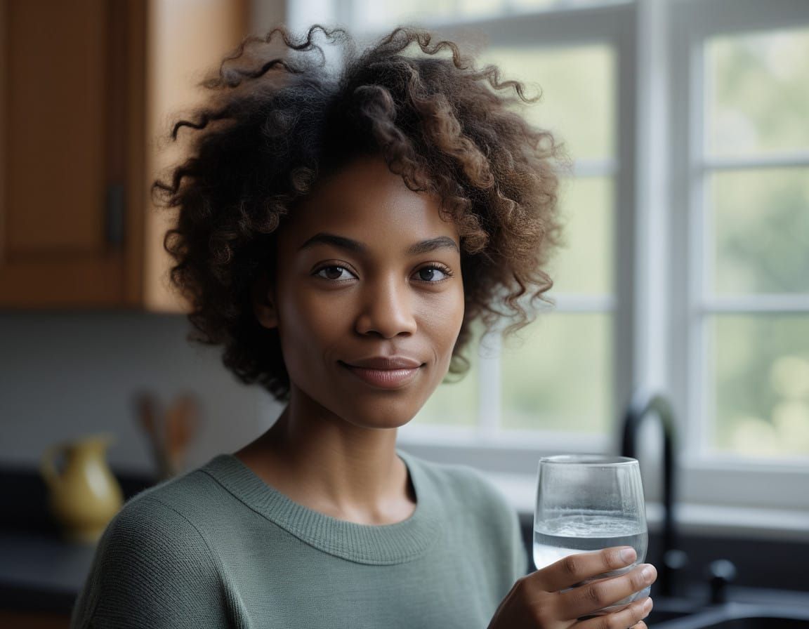 African Woman Drinks Water in Warm Home Setting