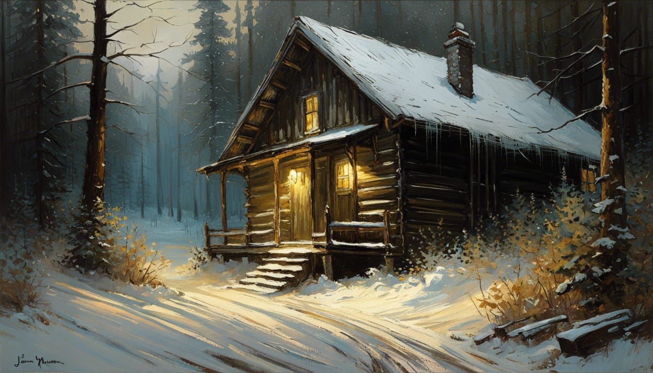 Snowy Cabin in Woods: Impressionistic Painting
