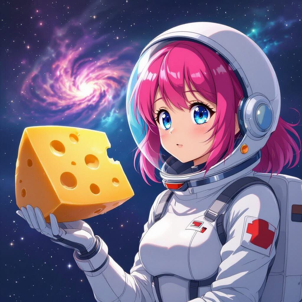 Anime Astronaut Girl With Cheese in Space