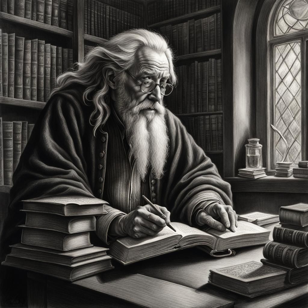 Old Librarian in Charcoal Drawing Style