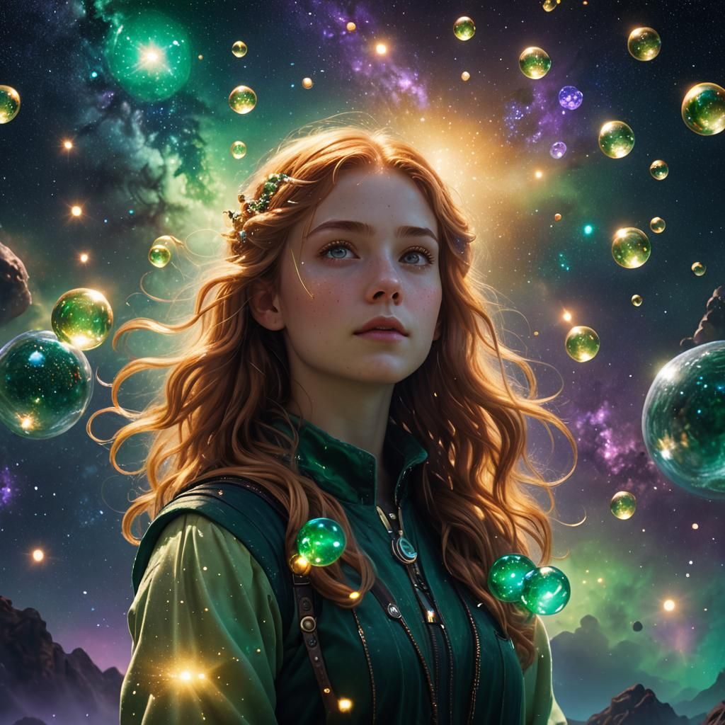 Girl Surrounded by Emerald Bubbles in Milky Way