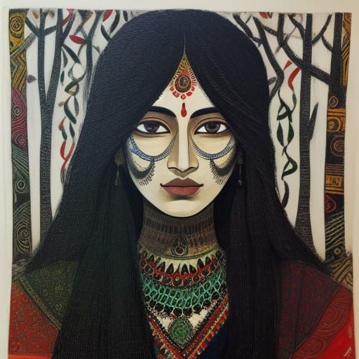 Enchanting Figure in Foggy Forest as Madhubani Art