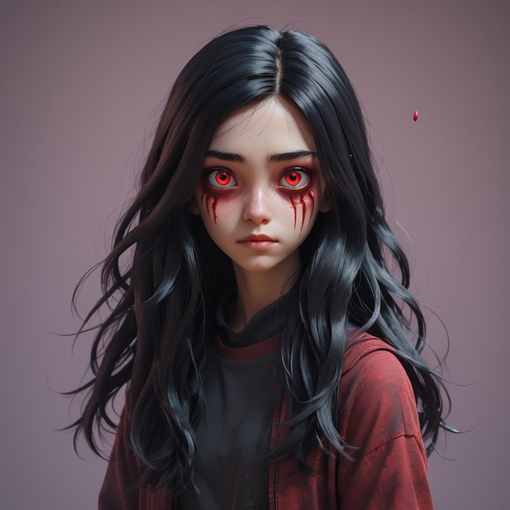 Creepy Girl with Red Eyes: Pixar-style 3D Art