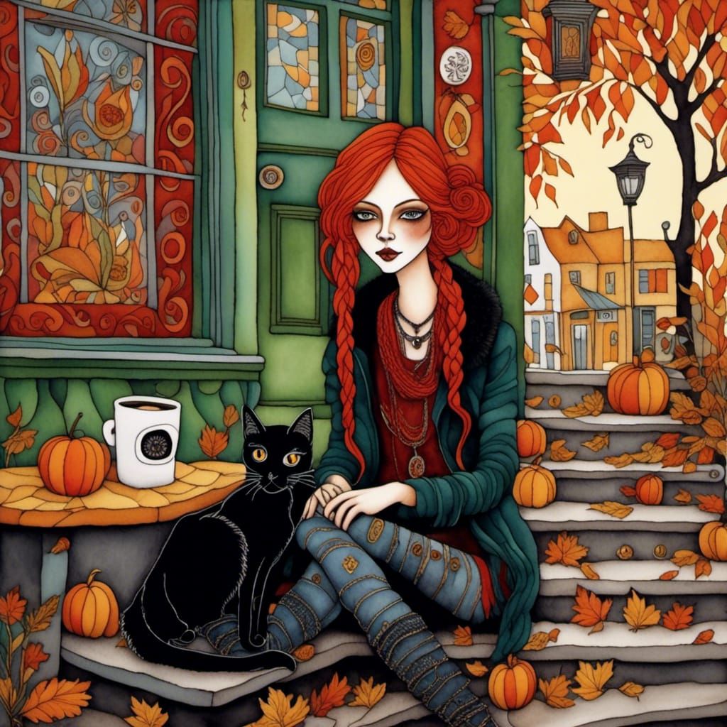 Bohemian Girl with Cat: Autumn Art Brut Scene