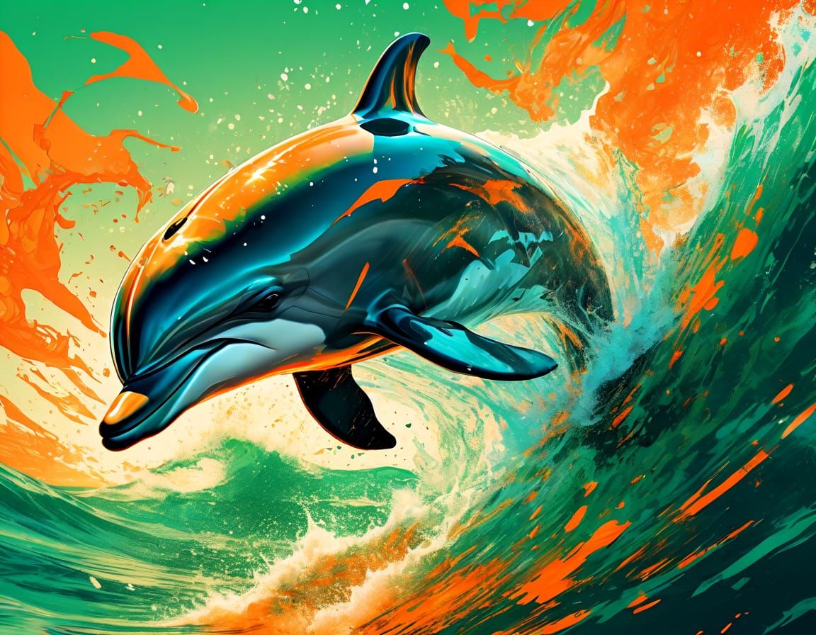 Dolphin Leaps from Fragmented Ocean in Comic Book Art