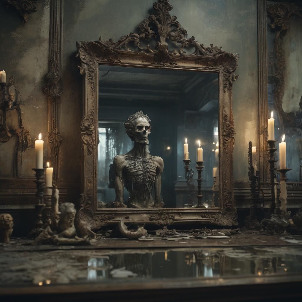 Surreal Zoanthropy: Distorted Reflection in Antique Mirror