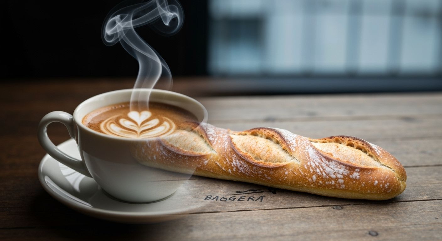 Double Exposure Art: Coffee Cup Blends into Baguette Landsca...