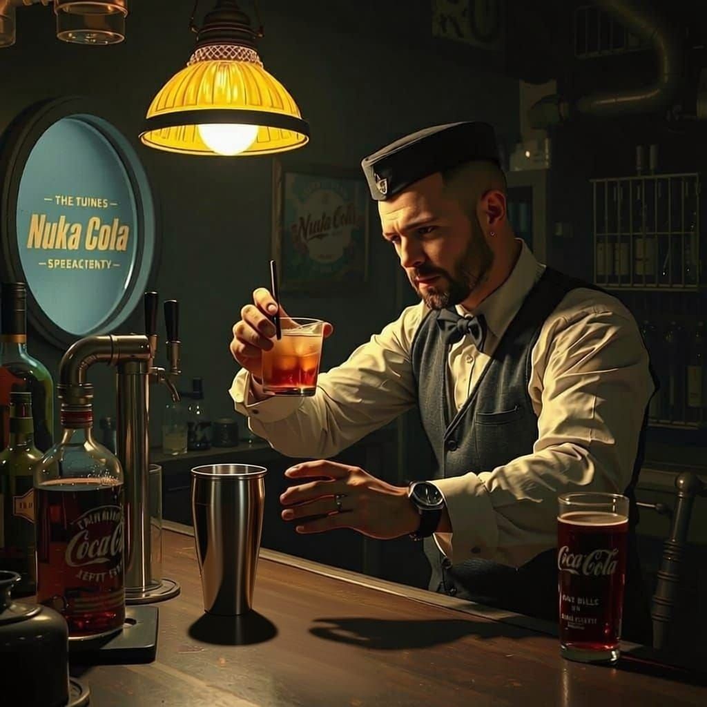 Fallout Bartender in Retrofuturistic Speakeasy