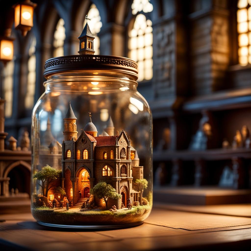 Medieval City Diorama in Mason Jar, Museum Exhibit