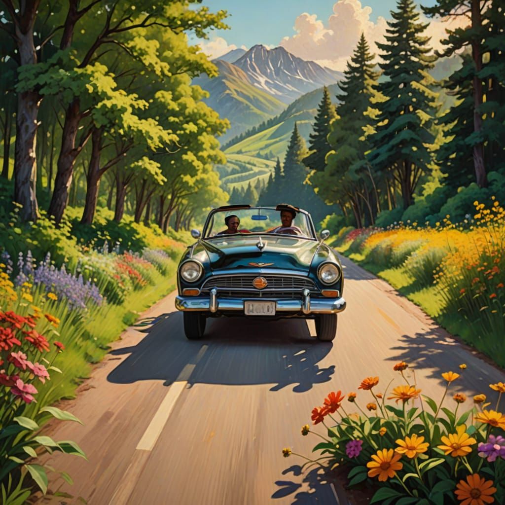 Couple in Vintage Open-Top Car Amidst Lush Scenic Road