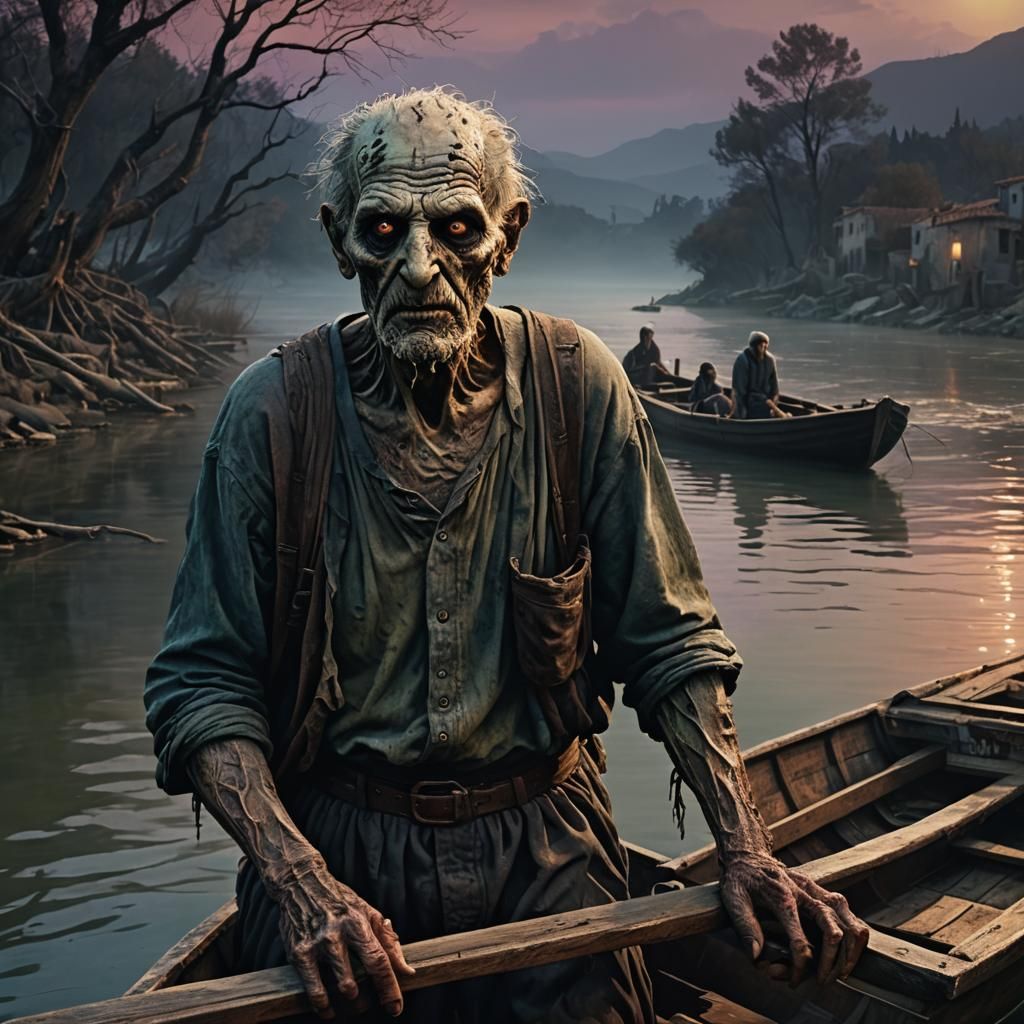 Greek Zombie Ferryman Rows Twilight River: Digital Art