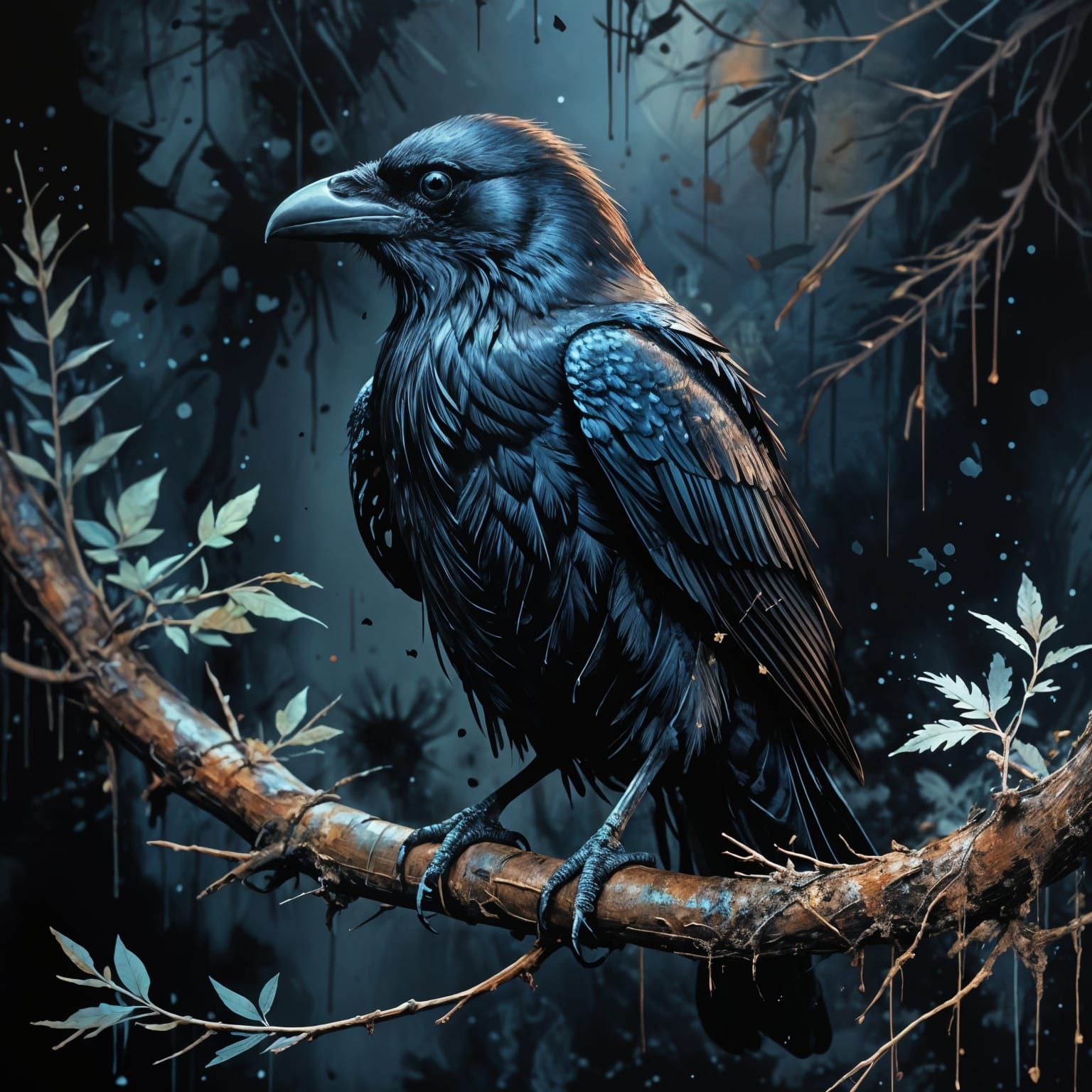 Ink and Tea Painting of a Raven by Carne Griffiths Style