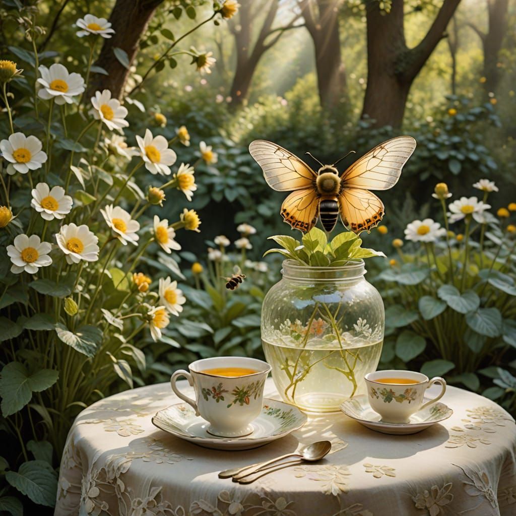 Whimsical English Cottage Garden Scene with Honey Jar