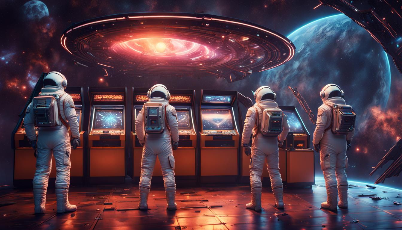 Astronauts in Cybernetic Tavern with Falling Stars