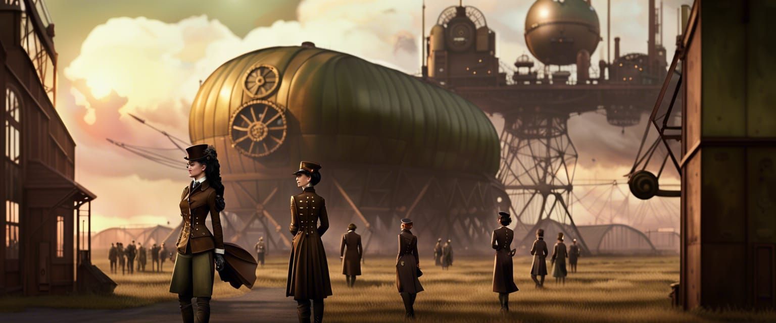 Steampunk Military Base with Airship at Sunset