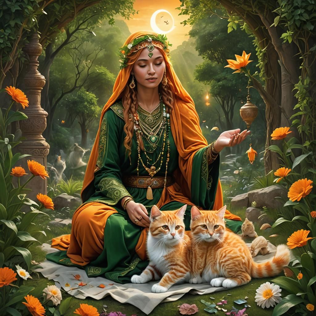 Sufi Woman Healer with Kitten in Lush Landscape