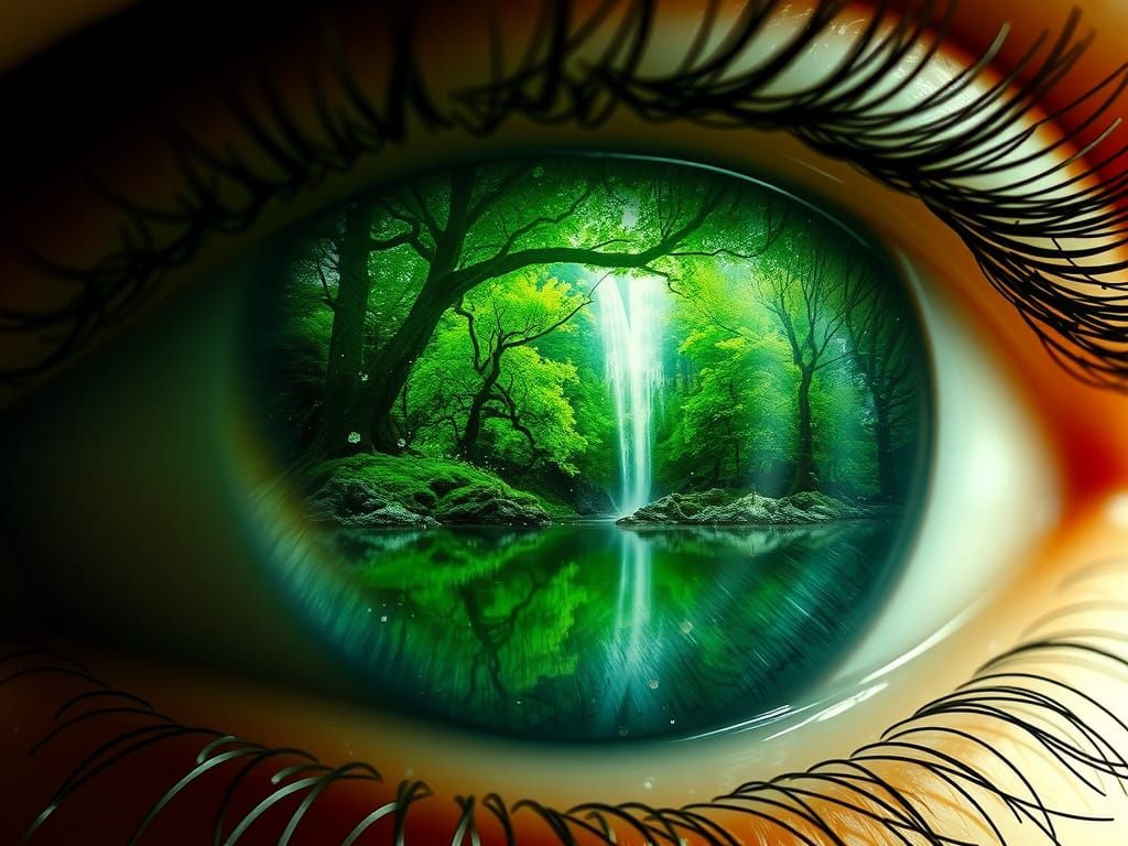 Surreal Close-Up of a Green Eye Reflecting a Dreamy Landscap...