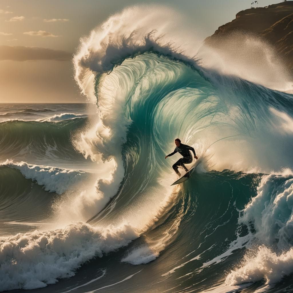 Surfer Rides Massive Wave: Action Sports Photography