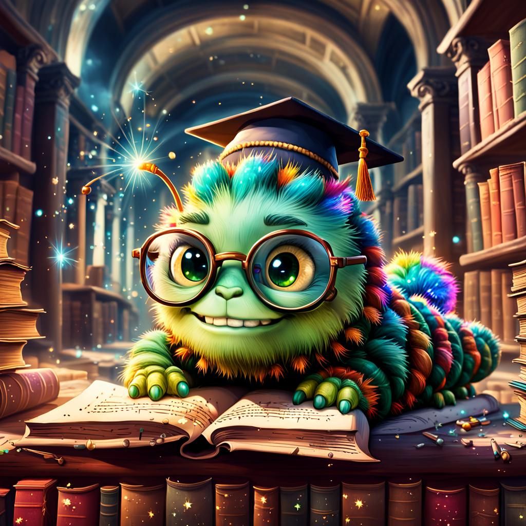 Wise Caterpillar in Abandoned Library: 3D Digital Art