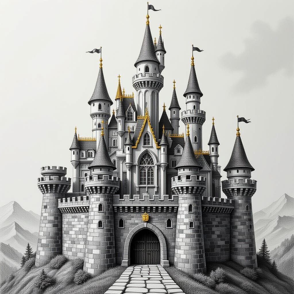 Pencil Castle with Sketchy Towers in Charcoal