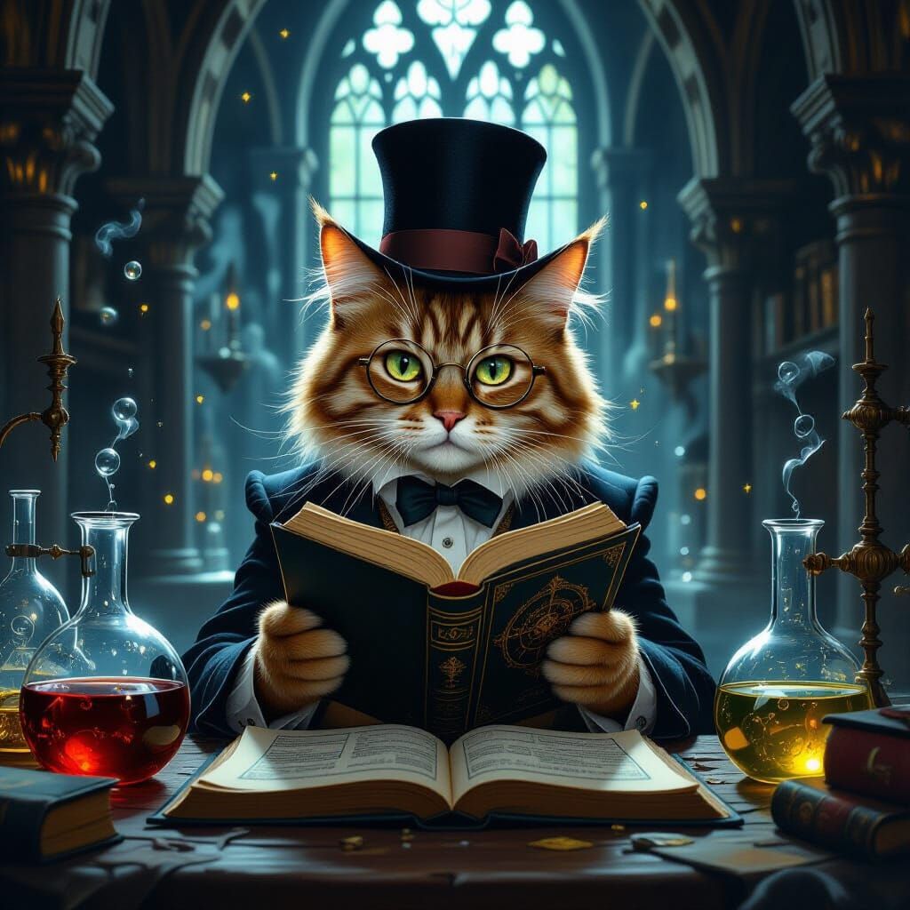 Alchemist Cat in Gothic Cathedral, Oil Painting