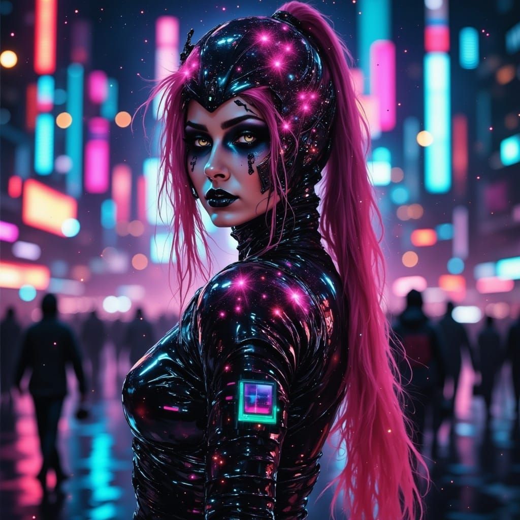 Cybernetic Woman in Neon Cityscape