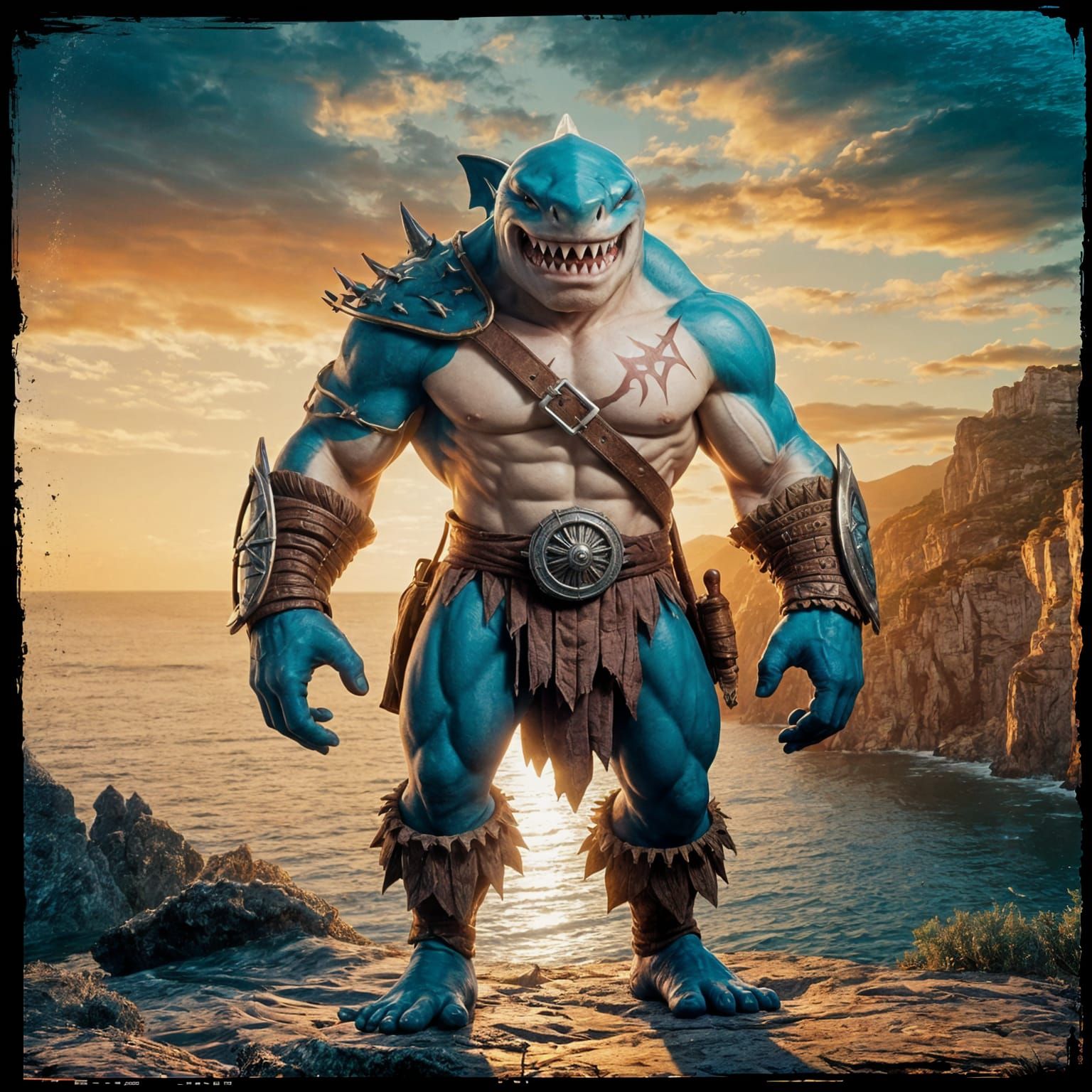 Epic Sharkfolk Pirate Stands Tall Against Sunset Coast