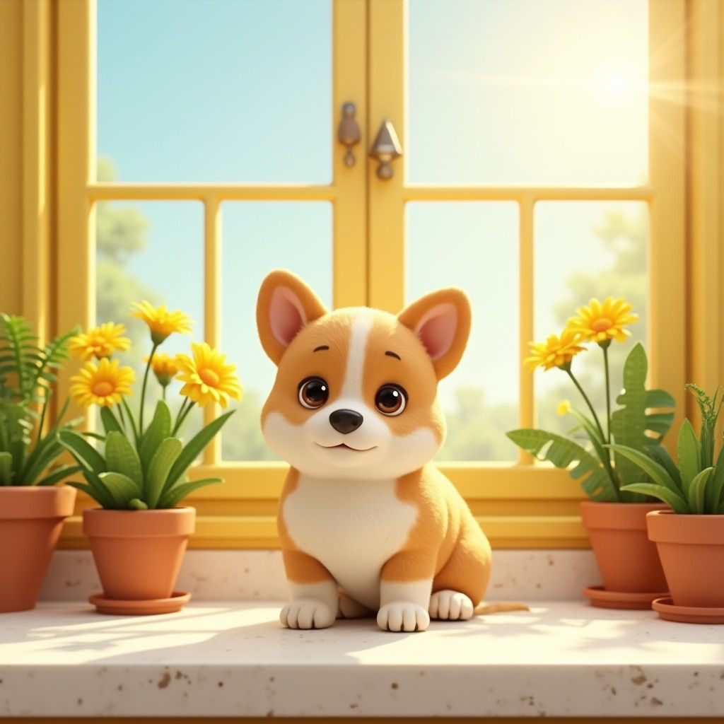 Plush Corgi in Sunny Kitchen, 3D Rendered
