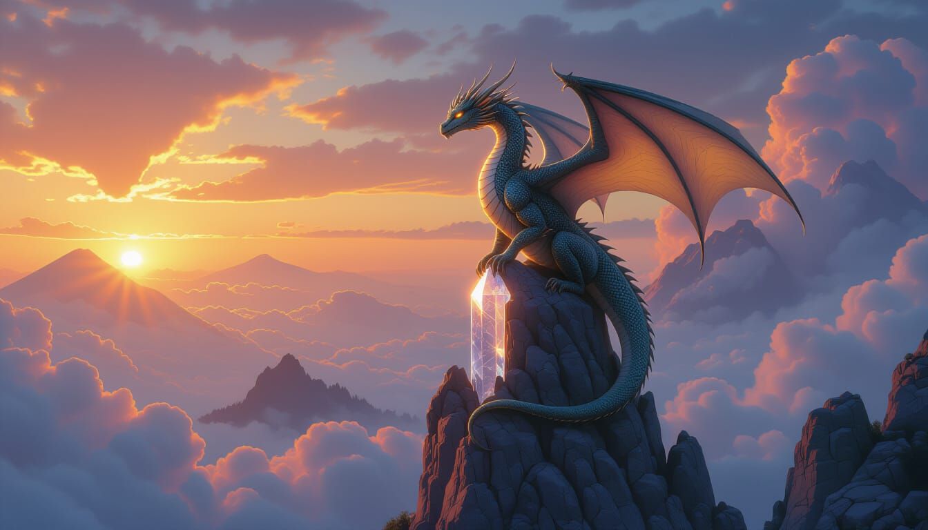 Ancient Dragon on Crystal Spire in Volcanic Sky
