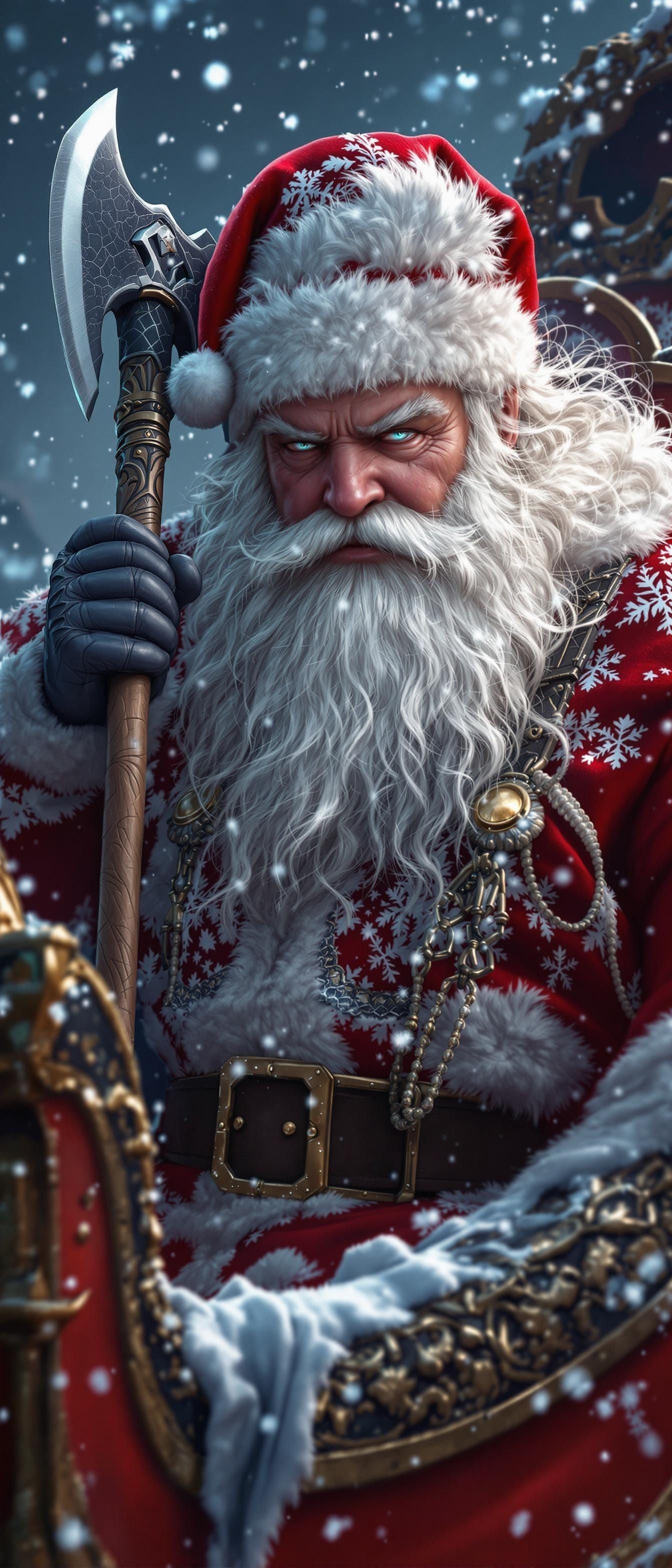 Santa Claus Wields Battle-Axe in Sleigh