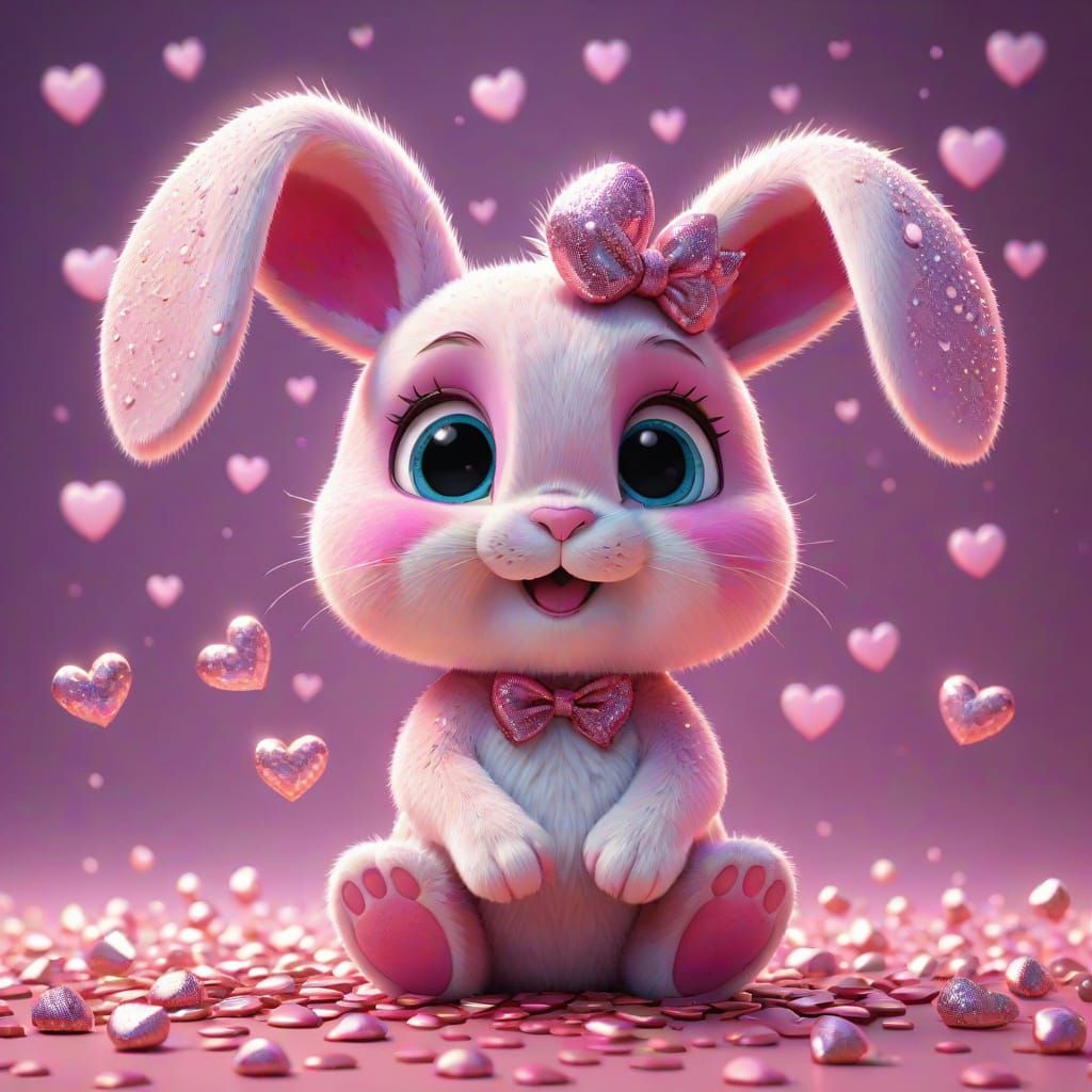 Whimsical Pink Bunny in Sparkling Hearts