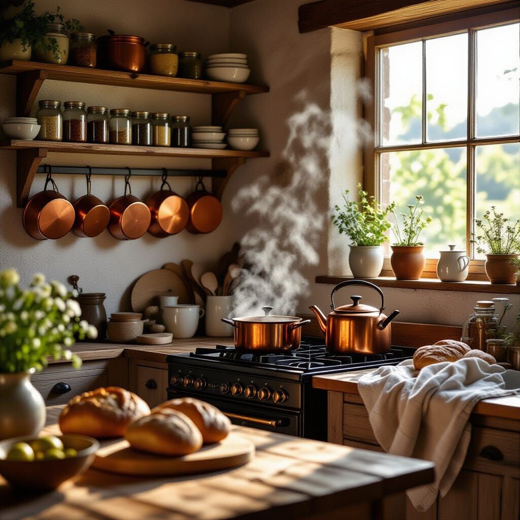 Cozy Rustic Kitchen with Steaming Kettle and Copper Pans