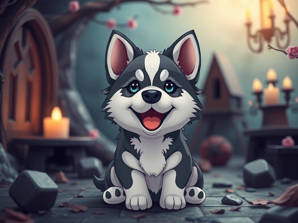 Happy Husky Puppy in Gothic Kawaii Fairycore Style