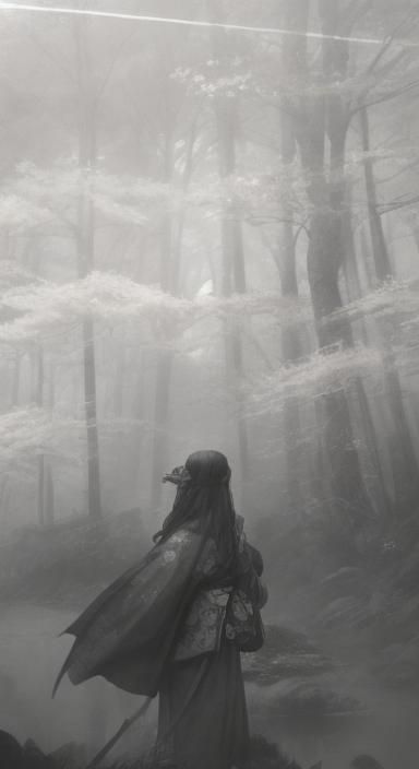 Nippon Fantasy Woman in Mystical Forest Oil Painting