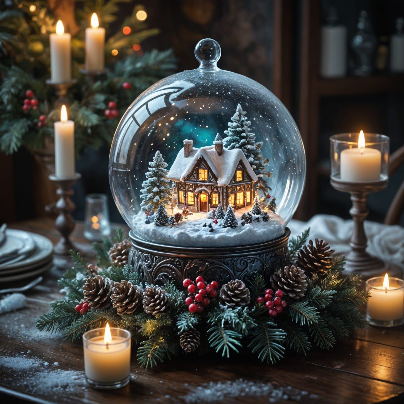 Elegant Winter Wonderland Table Setting in Whimsical Art Nou...