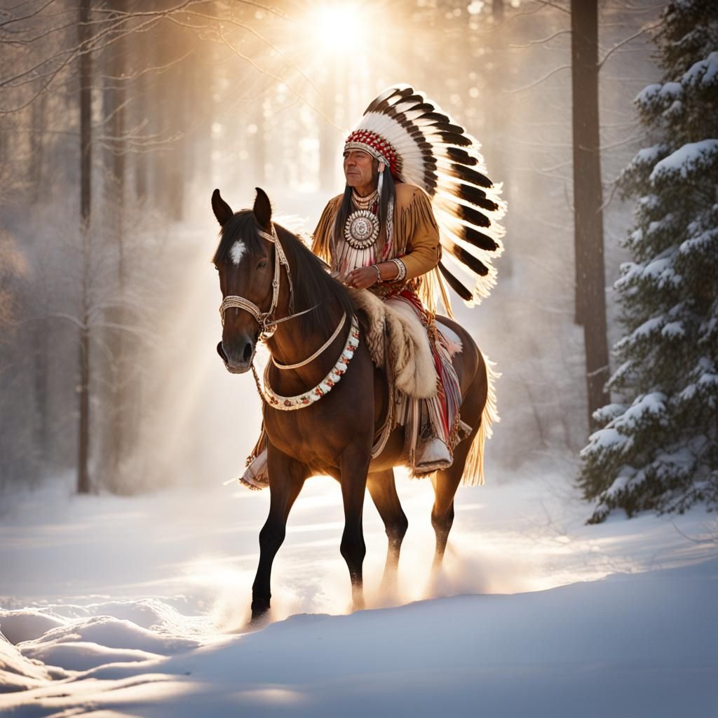 a vivid description of an image of an Indian chief, adorned in traditional attire, on a majestic horse with horses head ...
