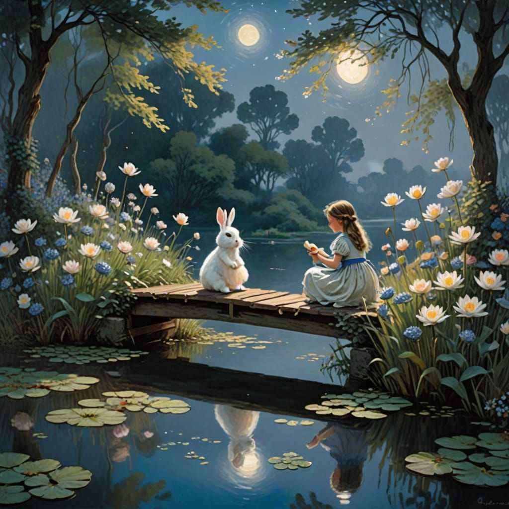 Whimsical Fantasy Scene of Girl and Glowing Rabbit