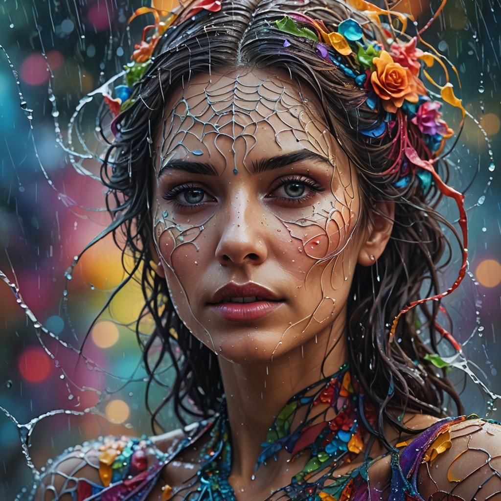 Mysterious Woman with Webs in Hyperrealistic Splash Art